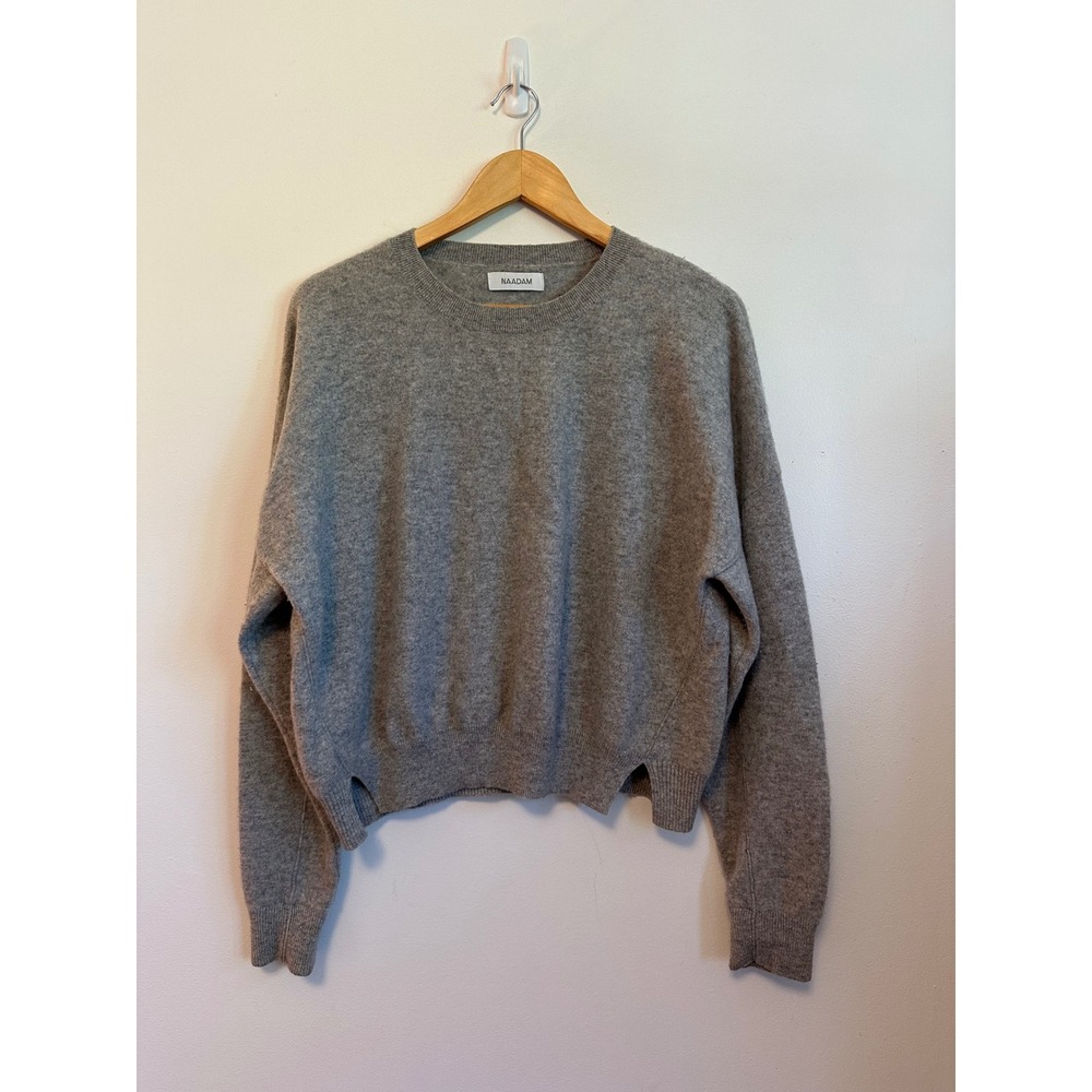 Naadam 100% Cashmere Gray Crewneck Sweater with Side Slits | Size Large